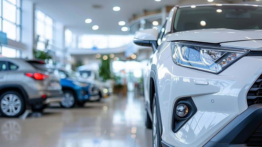 New SUV Car in Modern Dealership Showroom, Shining Headlights, Ready for a Test Drive